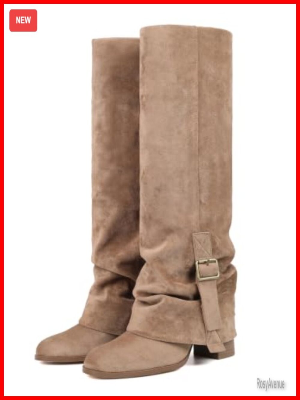 Slouchy Fold Over Knee High Boots Buckle Half Zip Block Heel